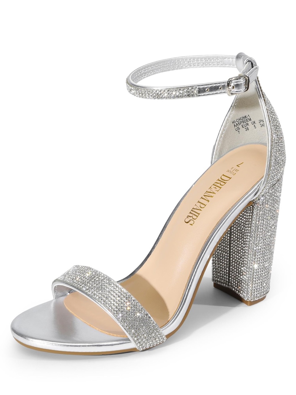 11S Dream Pairs Silver Rhinestone Block Heel Ankle Strap Sandal Shoes